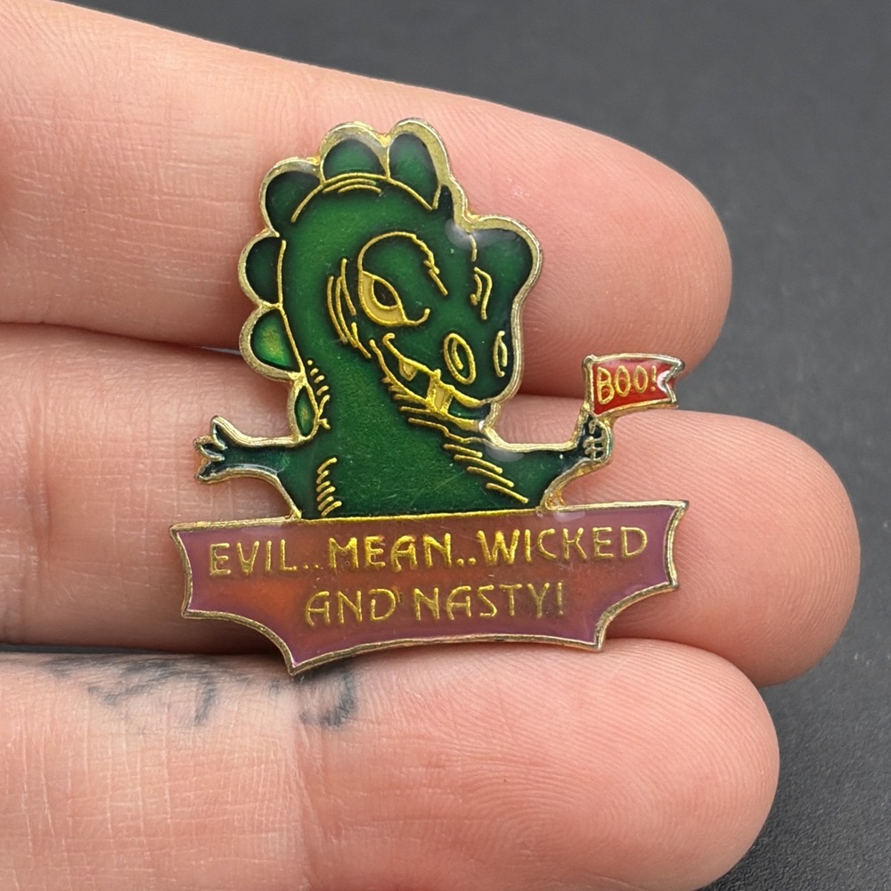 Evil Mean Wicked & Nasty Green Dragon Holding Boo! Flag Lapel Hat Pin